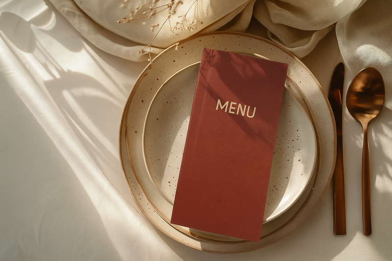 Beige ceramic plates with a red menu card and bronze spoon on a light surface