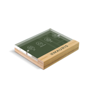 Bamboo panel with logo printed on the bottom and a photo inside