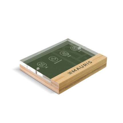 Bamboo panel with logo printed on the bottom and a photo inside