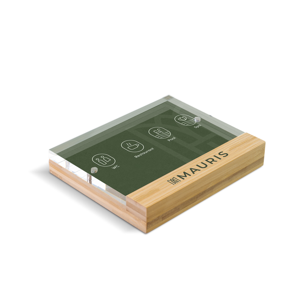 Bamboo panel with logo printed on the bottom and a photo inside