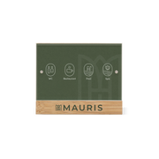 An information bamboo panel with icons for Wi-Fi, elevator, pool, and spa, with the brand name 'Mauris' at the bottom.