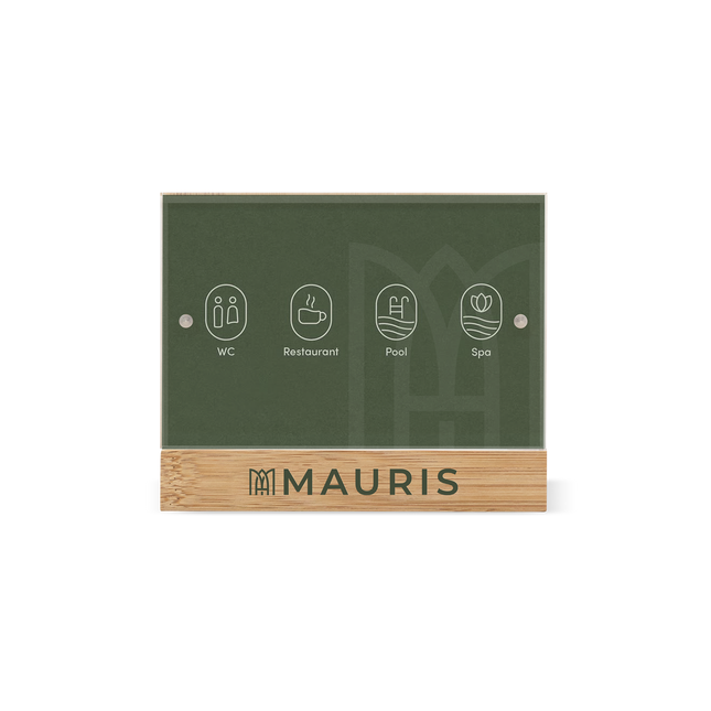 An information bamboo panel with icons for Wi-Fi, elevator, pool, and spa, with the brand name 'Mauris' at the bottom.