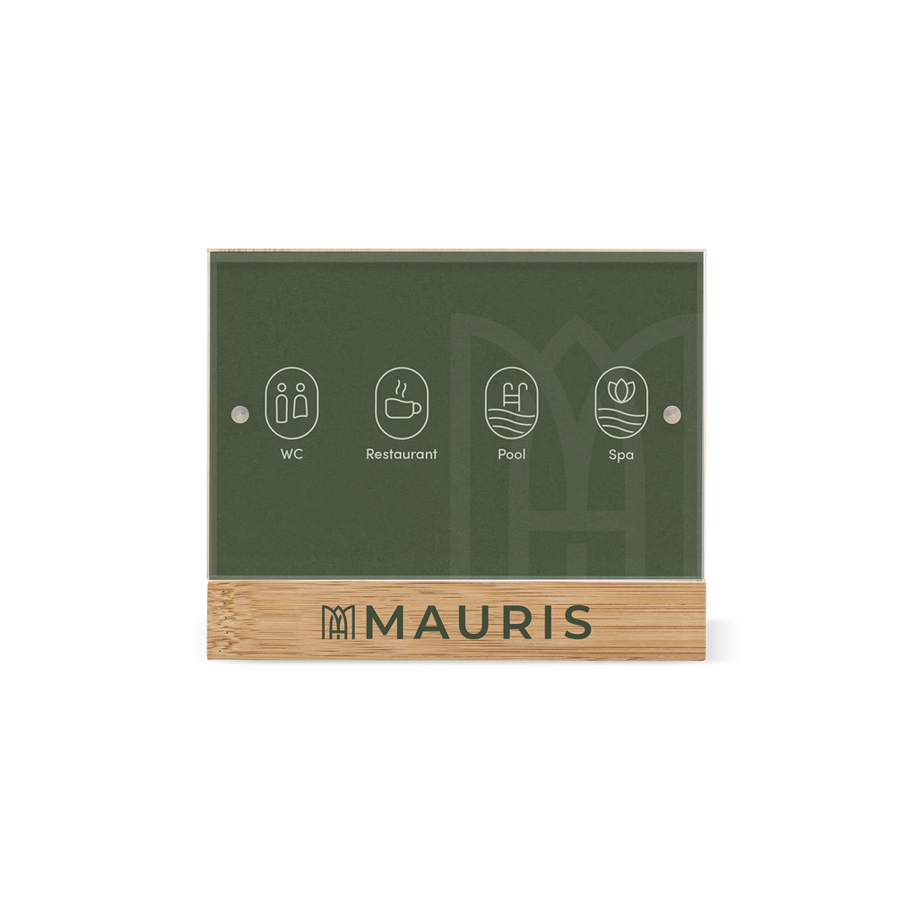 An information bamboo panel with icons for Wi-Fi, elevator, pool, and spa, with the brand name 'Mauris' at the bottom.
