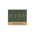 An information bamboo panel with icons for Wi-Fi, elevator, pool, and spa, with the brand name 'Mauris' at the bottom.