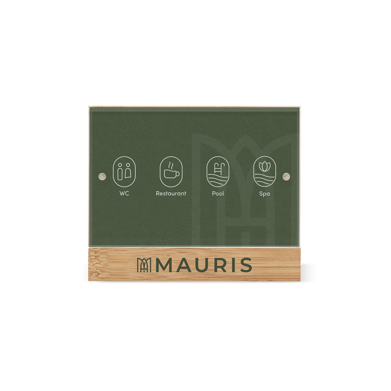 An information bamboo panel with icons for Wi-Fi, elevator, pool, and spa, with the brand name 'Mauris' at the bottom.