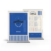 2 acrylic menu stand with a transparent side showing a menu card inside.