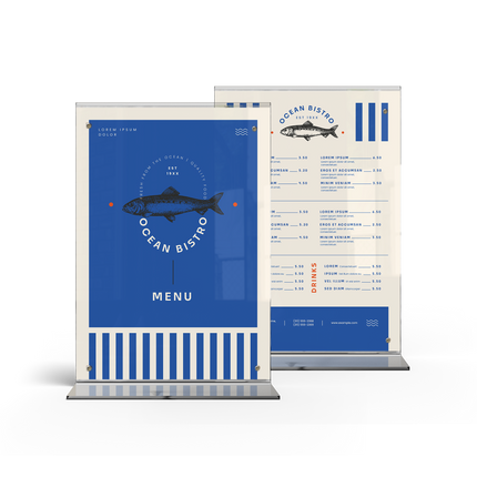 2 acrylic menu stand with a transparent side showing a menu card inside.
