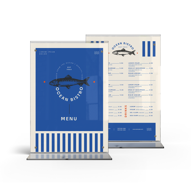 2 acrylic menu stand with a transparent side showing a menu card inside.
