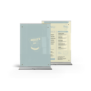 2 acrylic menu stand with a transparent side showing a menu card inside.