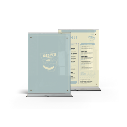2 acrylic menu stand with a transparent side showing a menu card inside.