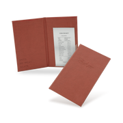 A brown bill binder with a menu partially visible, closed and open, with a visible logo on the front cover.