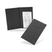 A black bill binder with a menu partially visible, closed and open, with a visible logo on the front cover.