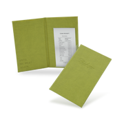 A green bill binder with a menu partially visible, closed and open, with a visible logo on the front cover.