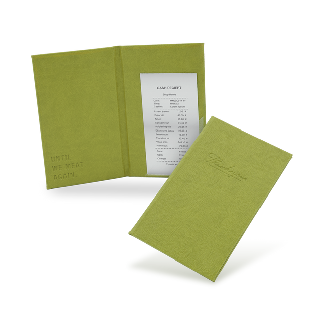 A green bill binder with a menu partially visible, closed and open, with a visible logo on the front cover.
