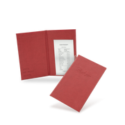 A red bill binder with a menu partially visible, closed and open, with a visible logo on the front cover.