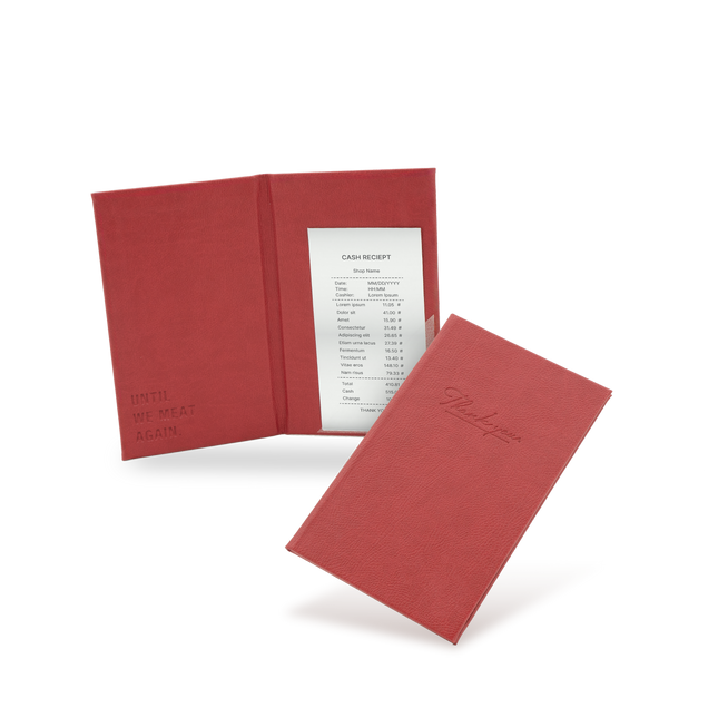 A red bill binder with a menu partially visible, closed and open, with a visible logo on the front cover.