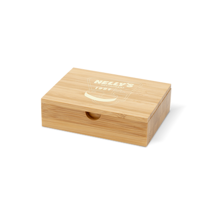 A bamboo bill box with white nelly's logo printed on the top