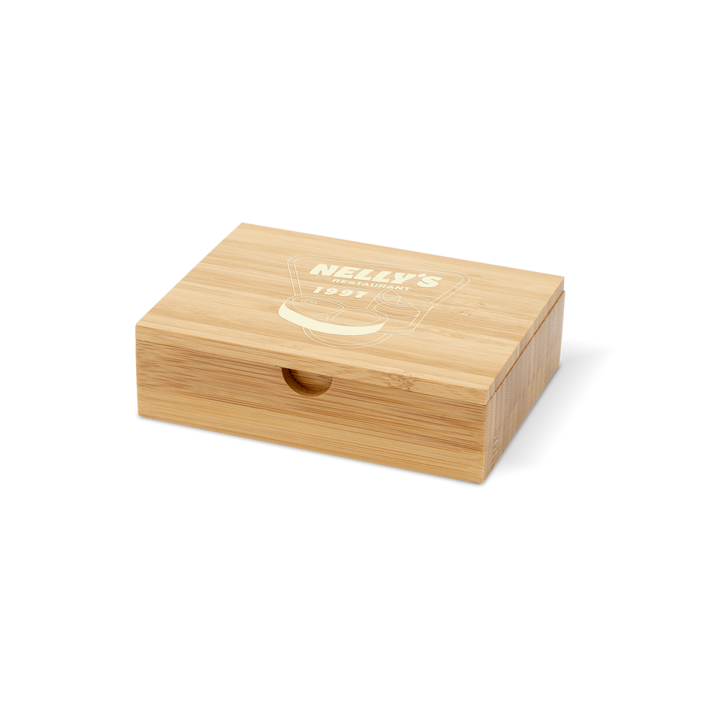 A bamboo bill box with white nelly's logo printed on the top