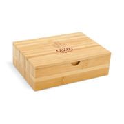 A bamboo bill box with bistro logo printed on the top