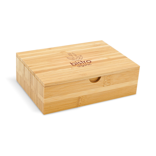 A bamboo bill box with bistro logo printed on the top