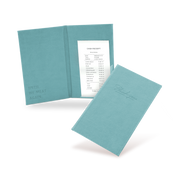 A blue bill binder with a menu partially visible, closed and open, with a visible logo on the front cover.