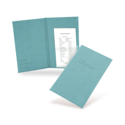 A blue bill binder with a menu partially visible, closed and open, with a visible logo on the front cover.