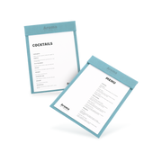 Two clipboards with blue edges and white menu sheets, one with 'COCKTAILS' and the other with 'MENU' written at the top, both lying at an angle.