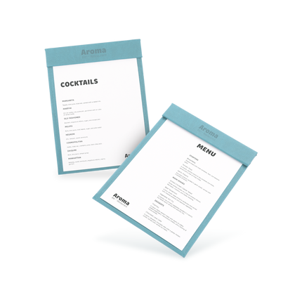 Two clipboards with blue edges and white menu sheets, one with 'COCKTAILS' and the other with 'MENU' written at the top, both lying at an angle.
