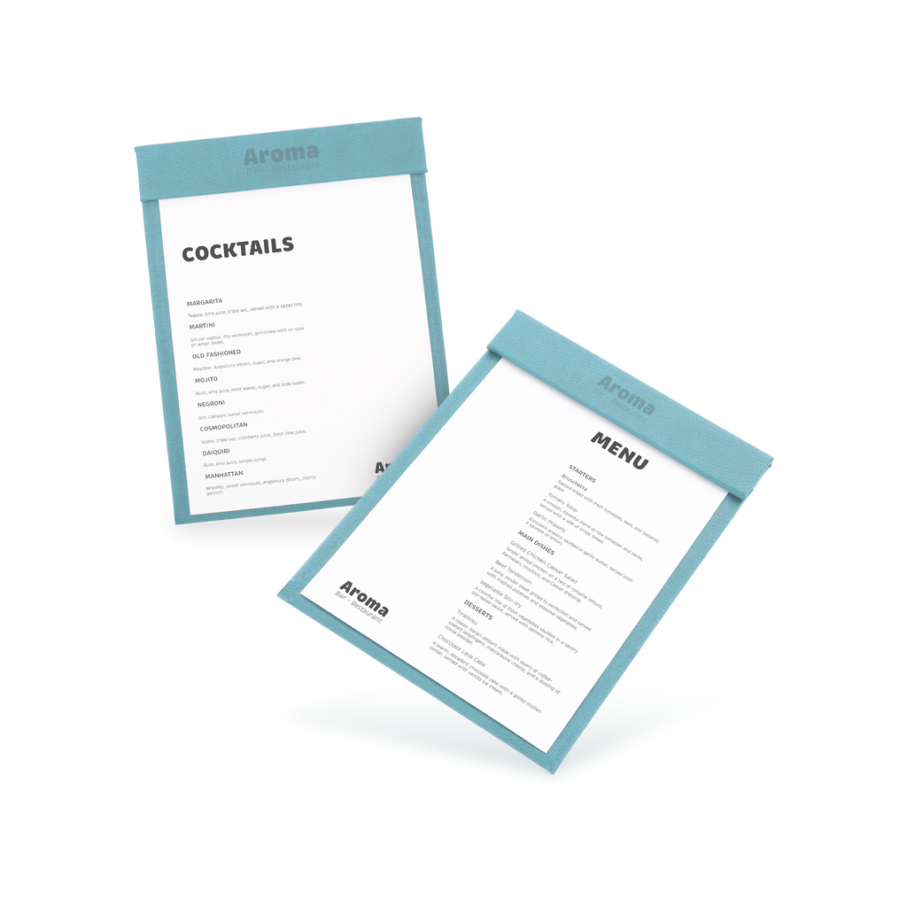 Two clipboards with blue edges and white menu sheets, one with 'COCKTAILS' and the other with 'MENU' written at the top, both lying at an angle.