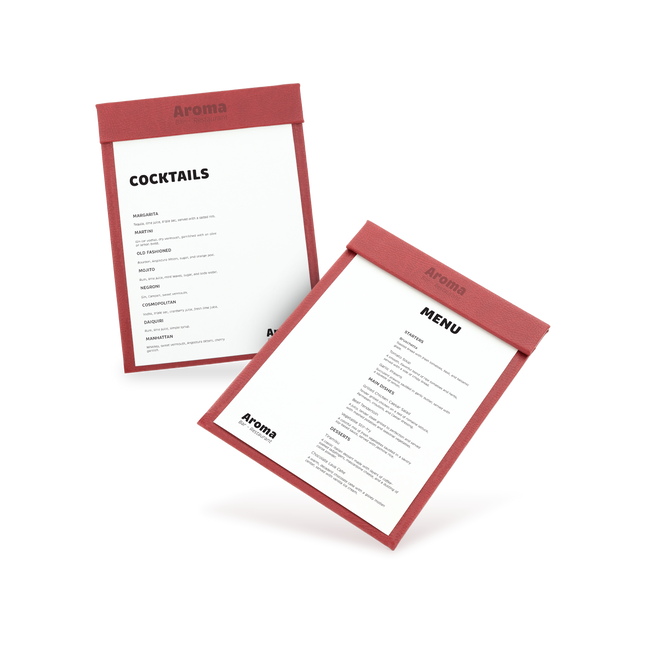 Two clipboards with red edges and white menu sheets, one with 'COCKTAILS' and the other with 'MENU' written at the top, both lying at an angle.