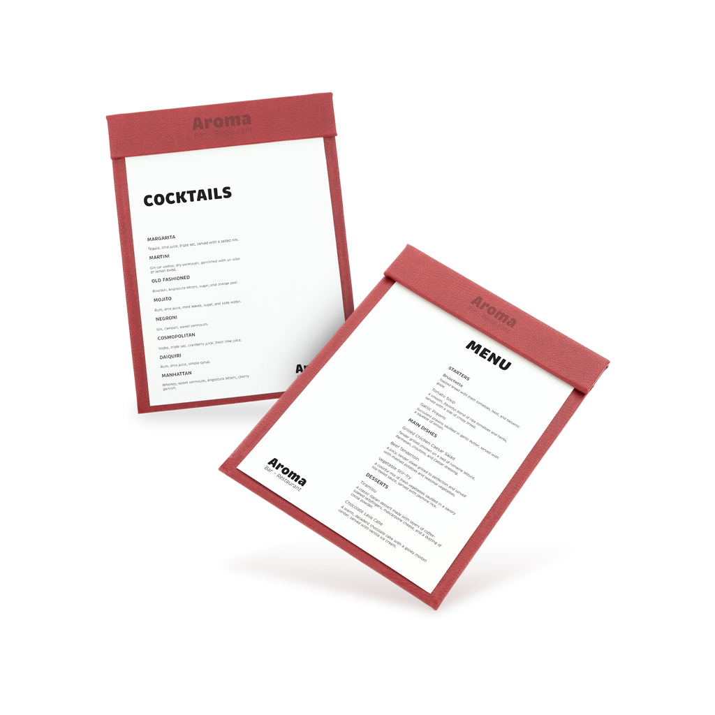 Two clipboards with red edges and white menu sheets, one with 'COCKTAILS' and the other with 'MENU' written at the top, both lying at an angle.