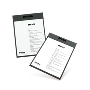 Two clipboards with grey edges and white menu sheets, one with 'COCKTAILS' and the other with 'MENU' written at the top, both lying at an angle.