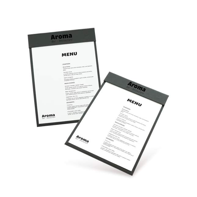 Two clipboards with grey edges and white menu sheets, one with 'COCKTAILS' and the other with 'MENU' written at the top, both lying at an angle.