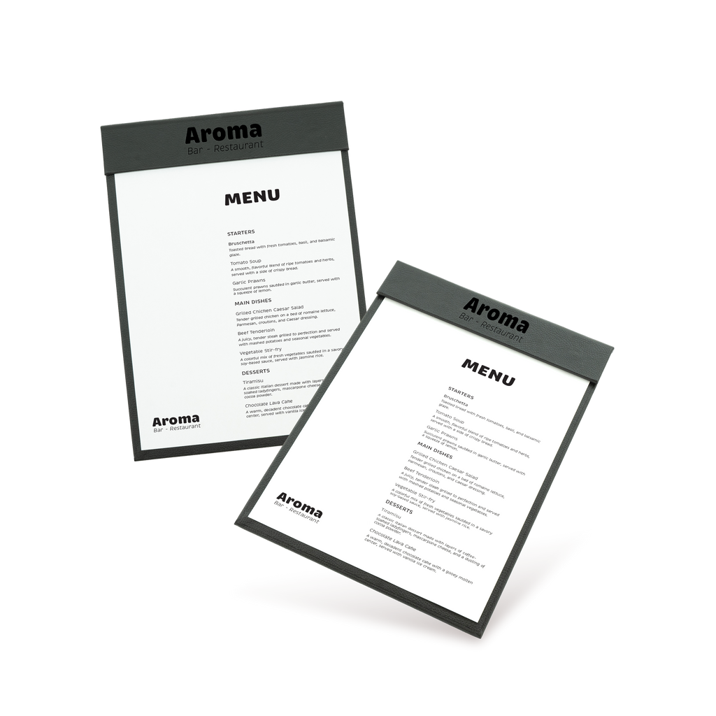 Two clipboards with grey edges and white menu sheets, one with 'COCKTAILS' and the other with 'MENU' written at the top, both lying at an angle.