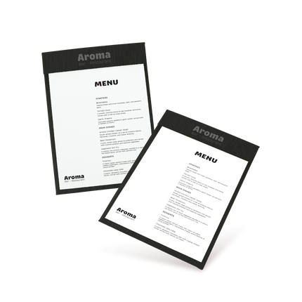 Two clipboard menu cards with black border and white background