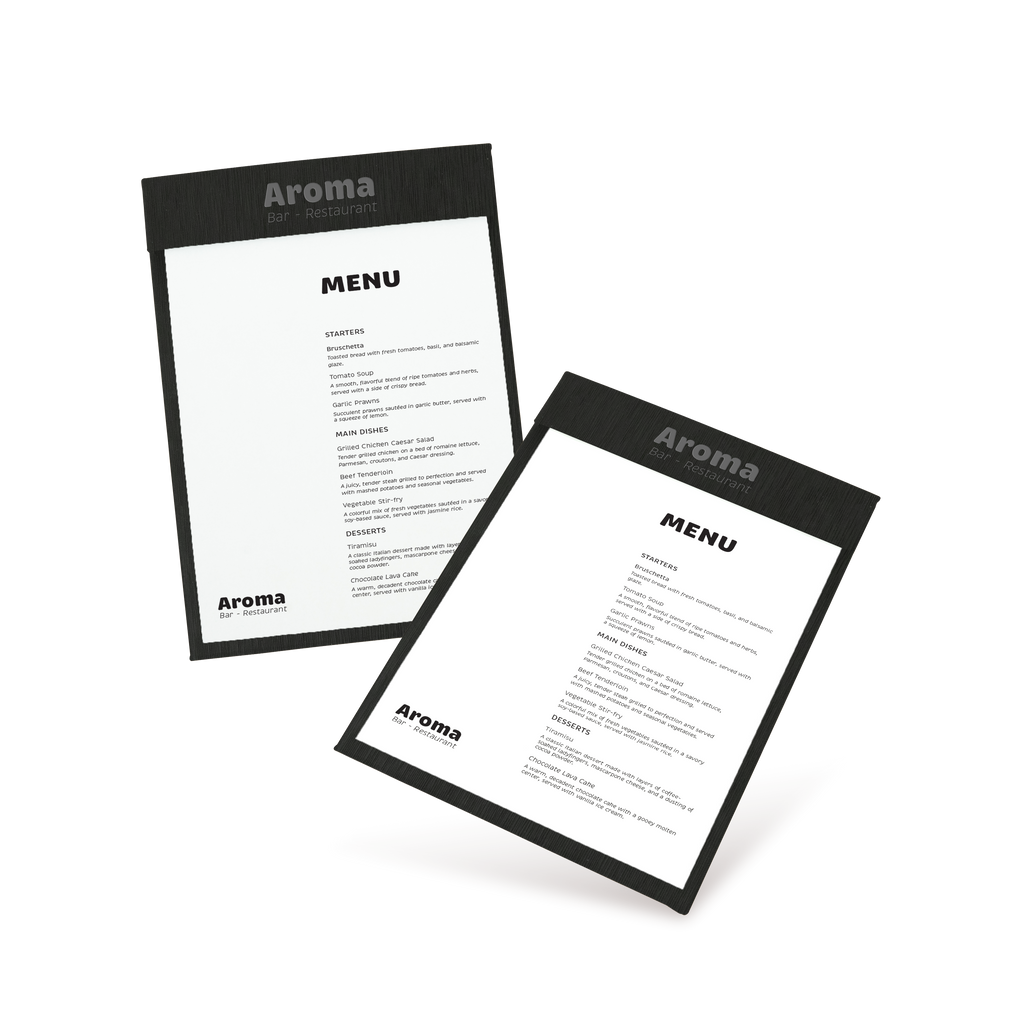 Two clipboard menu cards with black border and white background