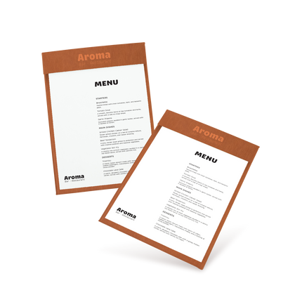 Two clipboard menu pads with brown cover and white pages on a white background