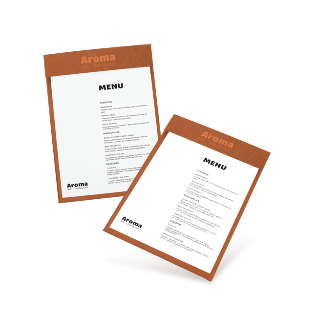 Two clipboard menu pads with brown cover and white pages on a white background