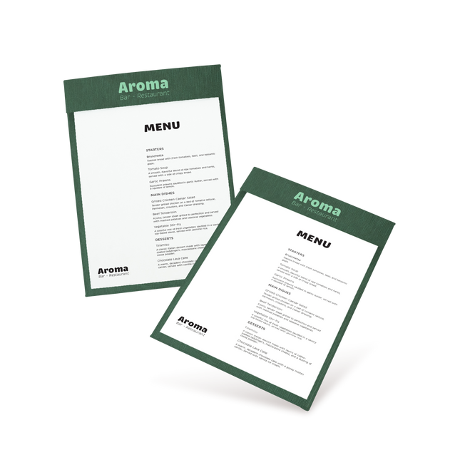 Two clipboard menu cards with green border and white background