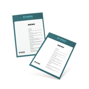 Two clipboard menu cards with teal border and white background