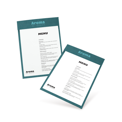 Two clipboard menu cards with teal border and white background