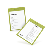 Two clipboards with green edges and white menu sheets, one with 'COCKTAILS' and the other with 'MENU' written at the top, both lying at an angle.