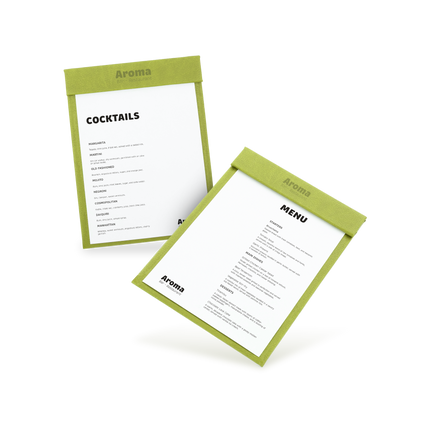 Two clipboards with green edges and white menu sheets, one with 'COCKTAILS' and the other with 'MENU' written at the top, both lying at an angle.