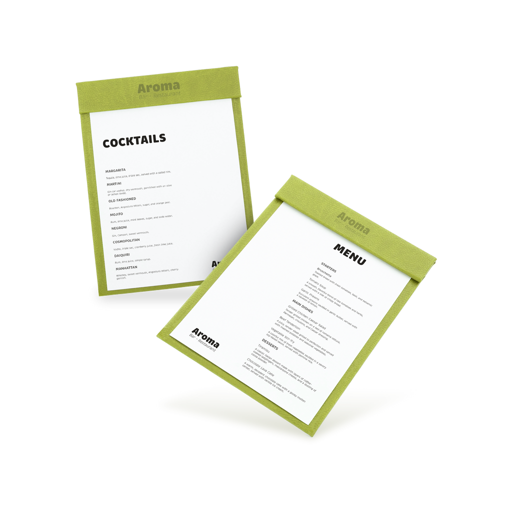 Two clipboards with green edges and white menu sheets, one with 'COCKTAILS' and the other with 'MENU' written at the top, both lying at an angle.