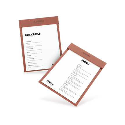 Two clipboards with brown edges and white menu sheets, one with 'COCKTAILS' and the other with 'MENU' written at the top, both lying at an angle.