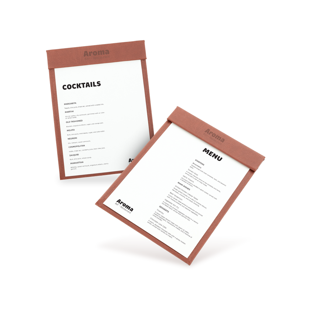 Two clipboards with brown edges and white menu sheets, one with 'COCKTAILS' and the other with 'MENU' written at the top, both lying at an angle.