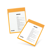 Two clipboards with orange edges and white menu sheets, one with 'COCKTAILS' and the other with 'MENU' written at the top, both lying at an angle.