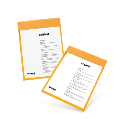 Two clipboards with orange edges and white menu sheets, one with 'COCKTAILS' and the other with 'MENU' written at the top, both lying at an angle.