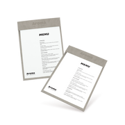 Two clipboard menu cards with a silver border on a white background