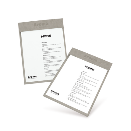 Two clipboard menu cards with a silver border on a white background